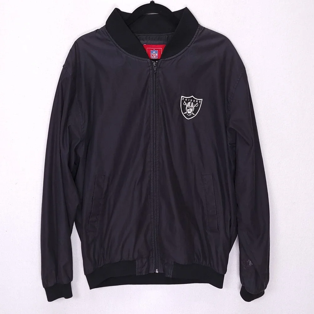 Vintage‎ Raiders Bomber Jacket Black Windbreaker Full Zip Mens XL Back Patch NFL